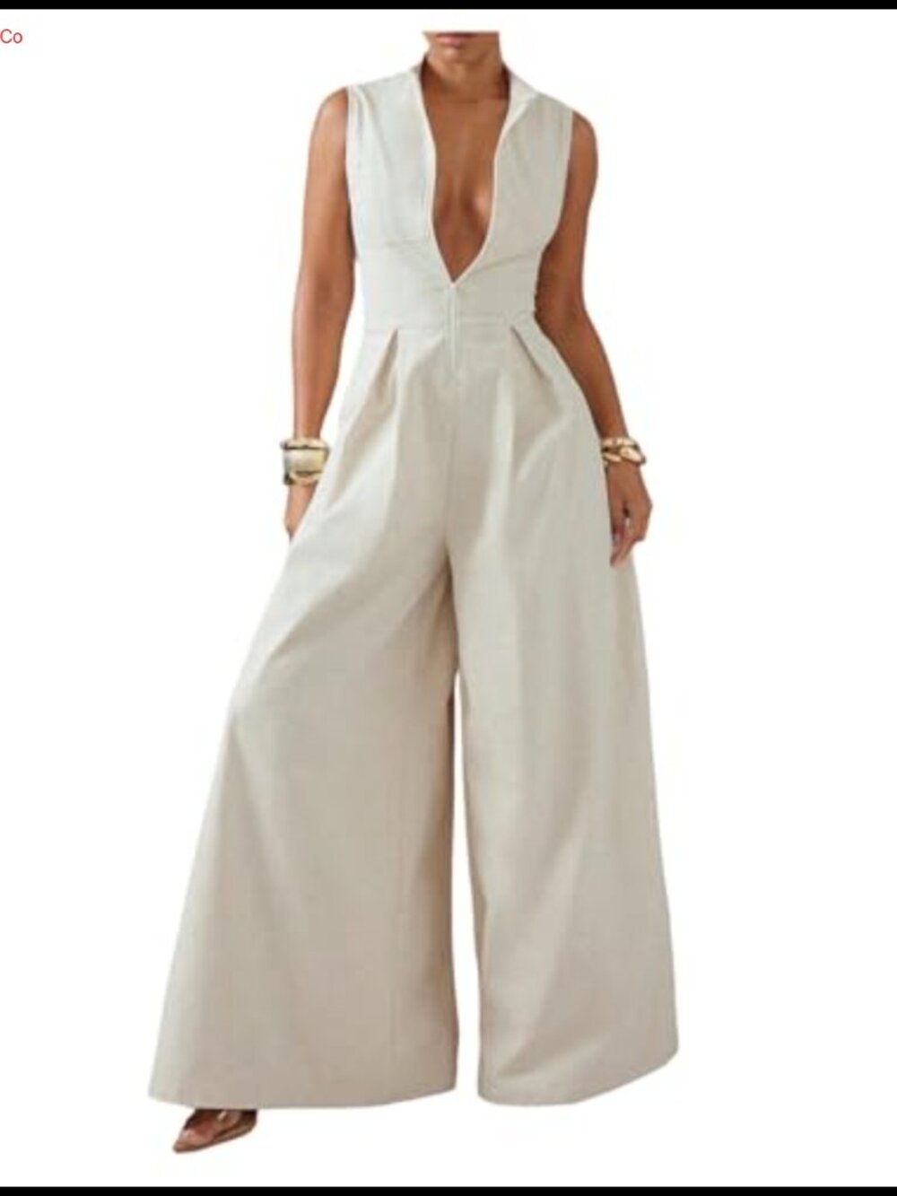 Sleeveless Mock Neck Wide Leg Jumpsuit with Front Zipper